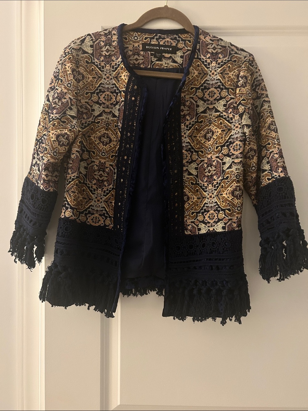 Boston Proper Navy and Gold Patterned Fringe Trim Jacket